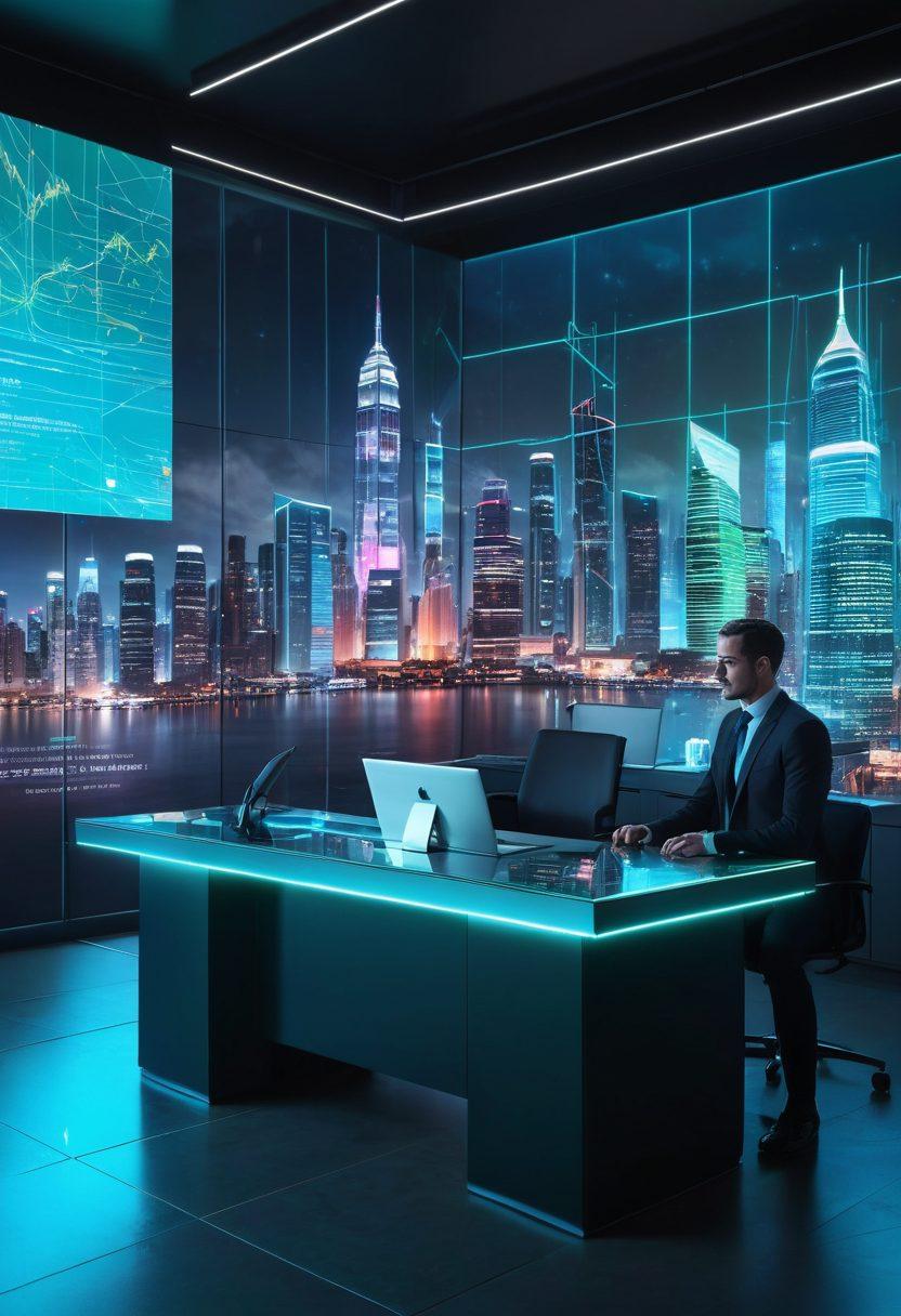 A futuristic digital landscape illustrating an insurance broker interacting with clients through advanced online solutions. Show a vibrant city skyline in the background with holographic displays of insurance policies and customer charts. Include diverse clients engaged in the process, highlighting accessibility and convenience. Bright blue and green color palette, symbolizing technology and trust. cyberpunk style. vibrant colors.