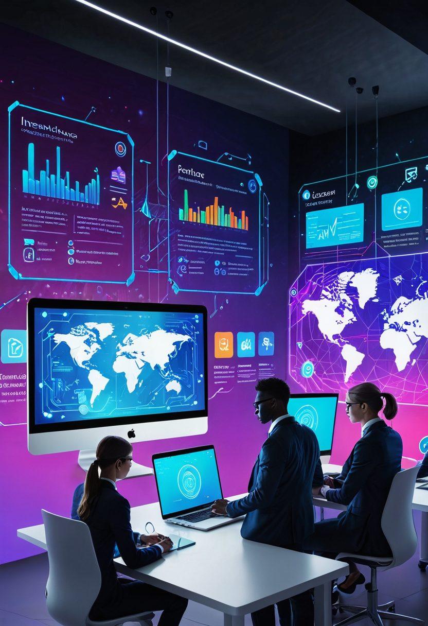 A futuristic scene showcasing a digital interface with diverse people engaging in online insurance services on laptops and smartphones, vibrant infographics depicting changing policies in the background, symbols of security and innovation represented by shields and circuits. super-realistic. vibrant colors. dynamic composition.