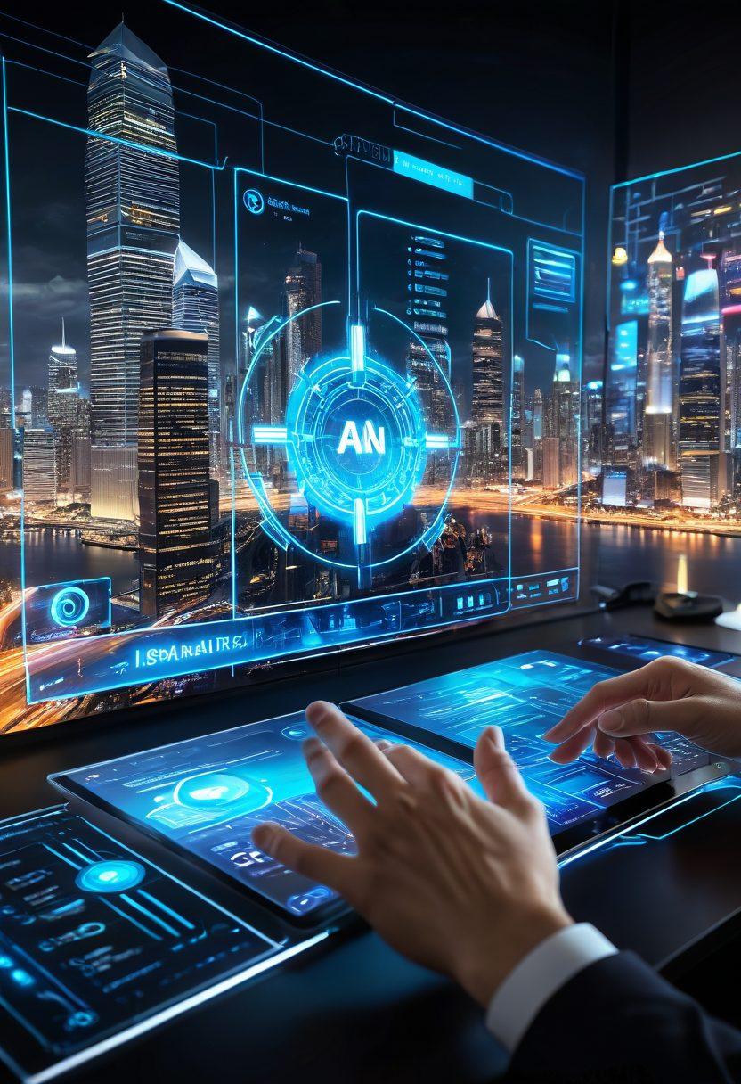 A futuristic digital interface displaying various insurance options at the fingertips of a user, surrounded by holographic representations of digital brokers and solutions. The background features a sleek, modern cityscape with advanced technology elements like drones and smart buildings. Intricate details in the user’s hand interacting with the interface, illuminated screens showing data analytics. glowing lines to signify digital connectivity, evoking a sense of innovation and convenience. cyberpunk. vibrant colors. 3D.